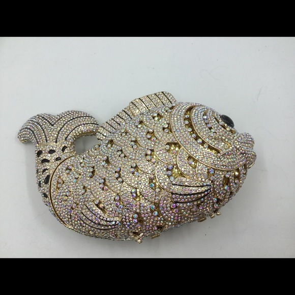 Swarovski Crystals Gold/Blk Fish Minaudiere Bag! - Picture 3 of 7